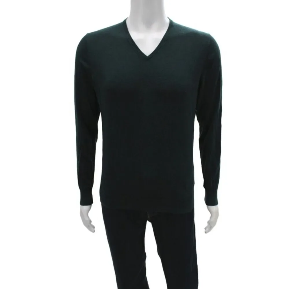 Massimo Dutti Mens Pullover Green V-Neck Cotton Silk Cashmere Size L